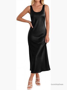 Satin Maxi Dress Sleeveless Scoop Neck Loose Fit